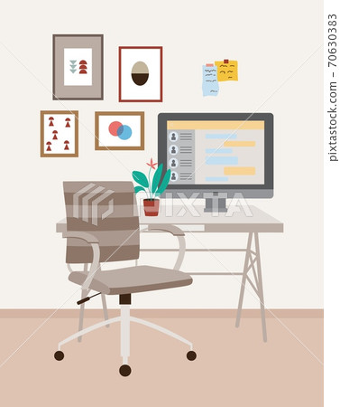 Workplace with an office chair, desk and monitor a vector flat illustration 70630383