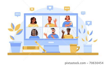 Group video call concept with computer screen, diverse people avatars, home workplace 70630454