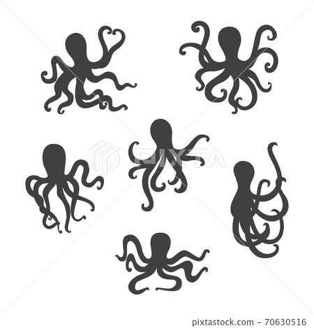 Set of sea octopus black silhouettes flat vector illustration isolated. Set of sea octopus black silhouettes flat vector illustration isolated. 70630516
