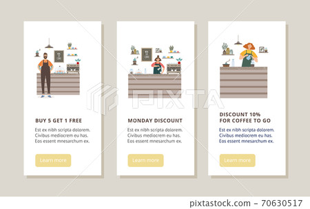 Barista in cafe - vertical banner set with cartoon coffee shop workers Barista in cafe - vertical banner set with cartoon coffee shop workers 70630517