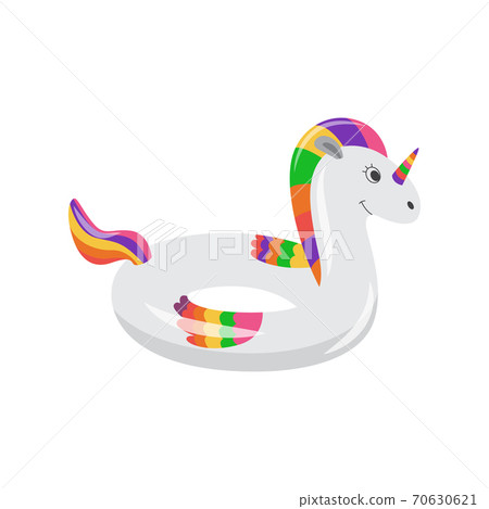 Rainbow unicorn rubber ring for kids, flat cartoon vector illustration isolated Rainbow unicorn rubber ring for kids, flat cartoon vector illustration isolated 70630621