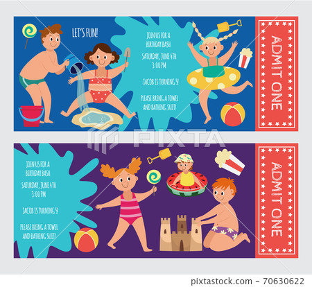 Tickets for children aqua park and beach playground flat vector illustration. Tickets for children aqua park and beach playground flat vector illustration. 70630622
