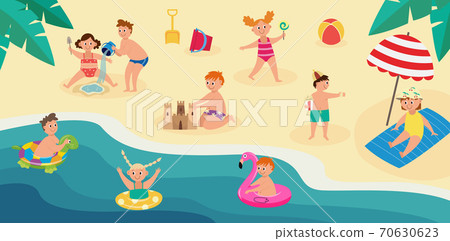 Children on summer vacation swimming in sea and playing on sand Children on summer vacation swimming in sea and playing on sand 70630623