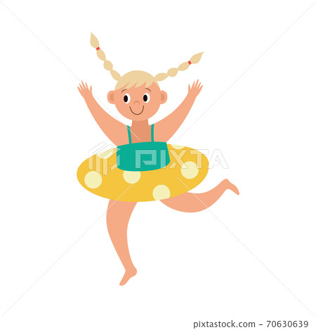 Little girl with lifebuoy running to swim flat vector illustration isolated. Little girl with lifebuoy running to swim flat vector illustration isolated. 70630639