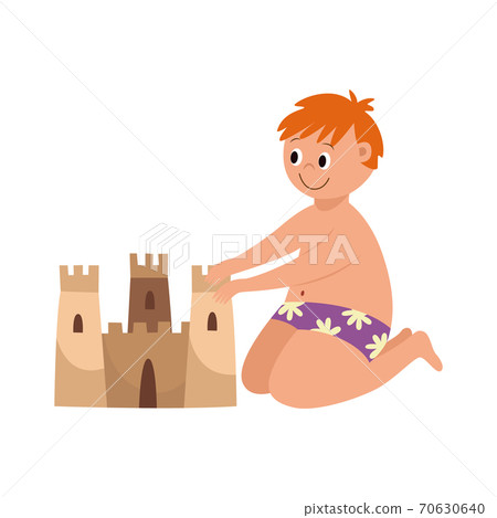 Flat isolated vector illustration of a kid building a sandcastle on the beach Flat isolated vector illustration of a kid building a sandcastle on the beach 70630640