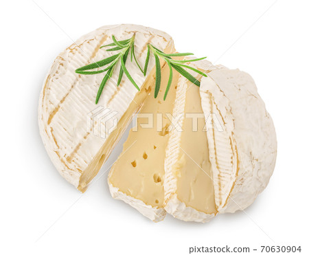Camembert cheese with rosemary isolated on white background with clipping path and full depth of field. Top view. Flat lay Camembert cheese with rosemary isolated on white background with clipping path and full depth of field. Top view. Flat lay 70630904