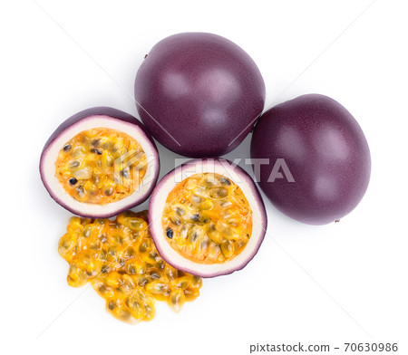 passion fruits and half isolated on white background. maracuya with clipping path. Top view. Flat lay 70630986