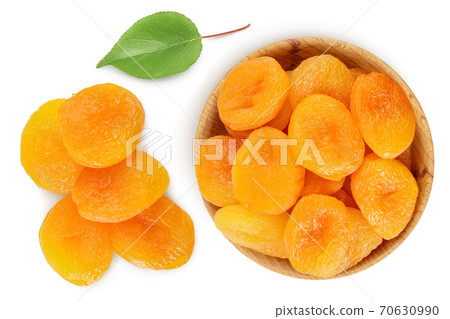 Dried apricots isolated on white background with full depth of field. Top view. Flat lay Dried apricots isolated on white background with full depth of field. Top view. Flat lay 70630990