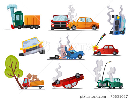 Accidents on road cars damaged. Road accident icons set with car crash symbols flat isolated. Damaged vehicle insurance. Damaged autos. Need repair service or not recoverable Accidents on road cars damaged. Road accident icons set with car crash symbols flat isolated. Damaged vehicle insurance. Damaged autos. Need repair service or not recoverable 70631027