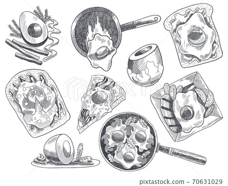 Breakfasts and brunches top view. Food menu cover design. Vintage hand drawn sketch vector illustration. Good nutrition Breakfasts and brunches top view. Food menu cover design. Vintage hand drawn sketch vector illustration. Good nutrition 70631029