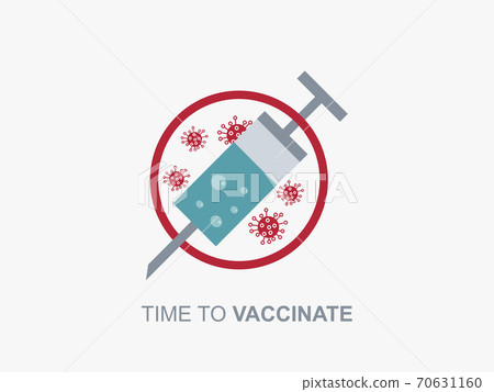 Vaccination against coronavirus. Syringe with green liquid crosses out red circle with viral bacteria. Vaccination against coronavirus. Syringe with green liquid crosses out red circle with viral bacteria. 70631160