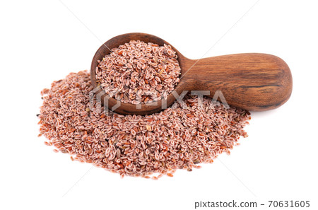 Plantago ovata seeds, isolated on white background. Plantain, indian flea or psyllium seeds in wooden spoon. Plantago ovata seeds, isolated on white background. Plantain, indian flea or psyllium seeds in wooden spoon. 70631605