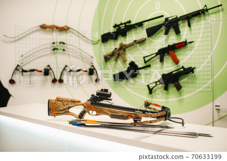 A lot of different weapons for shooting in the dash.Air guns for shooting training. 70633199