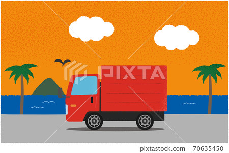 Vector illustration of a red truck on the road by the sea in the evening Vector illustration of a red truck on the road by the sea in the evening 70635450