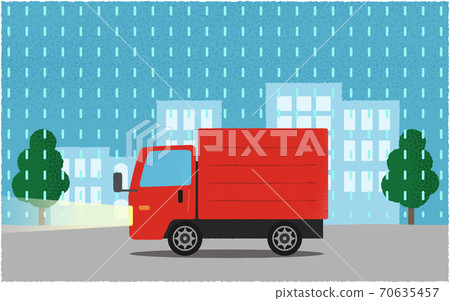 矢量圖的一輛紅色的卡車在雨中的燈在城市道路上行駛 70635457