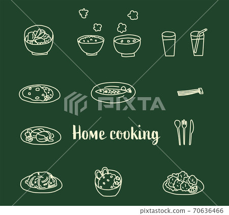 鬆散的日本家庭烹飪的手繪粉筆藝術風格線描插圖 70636466