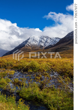 Beautiful View of Scenic Alpine River and Snowy Mountains 70637877