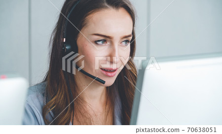 Business people wearing headset working in office to support remote  customer or colleague. Call center, telemarketing, customer support agent  provide service on telephone video conference call. photo – Group of people  Image