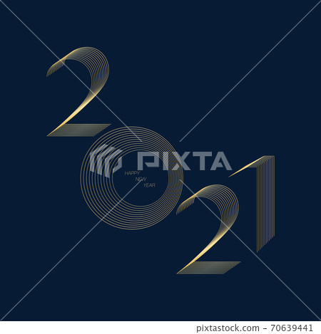 2021 happy new year number in modern line blend style with gold color on navy blue background, holiday greeting card 70639441