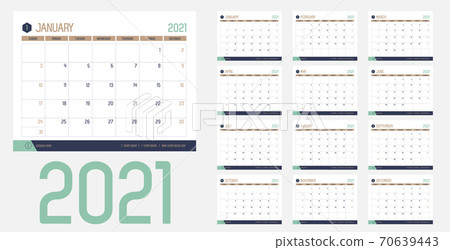Vector of 2021 new year calendar in modern clean table simple style with blue gold green color,Holiday event planner,Week Starts Sunday.desk calender layout annual calender.timetable for diary Vector of 2021 new year calendar in modern clean table simple style with blue gold green color,Holiday event planner,Week Starts Sunday.desk calender layout annual calender.timetable for diary 70639443