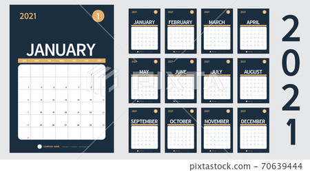 vector Calendar 2021 new year planner set 12 month in clean minimal table simple design style and navy blue color,vertical holiday event template calender,Week Starts Sunday vector Calendar 2021 new year planner set 12 month in clean minimal table simple design style and navy blue color,vertical holiday event template calender,Week Starts Sunday 70639444
