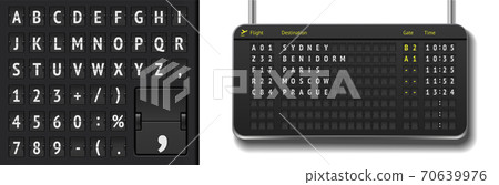 Vector airline departure board isolated. Flip airport board template with black 3D timetable and scoreboard font Vector airline departure board isolated. Flip airport board template with black 3D timetable and scoreboard font 70639976