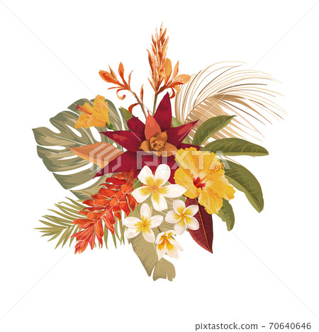 Tropical flowers watercolor style bouquet, tropic leaves, vector boho floral elements on white background 70640646
