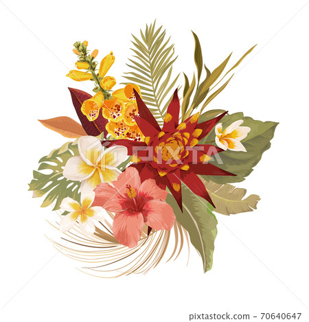 Tropical flowers wedding bouquet, tropic leaves, vector boho floral elements on white background. Autumn blossom 70640647