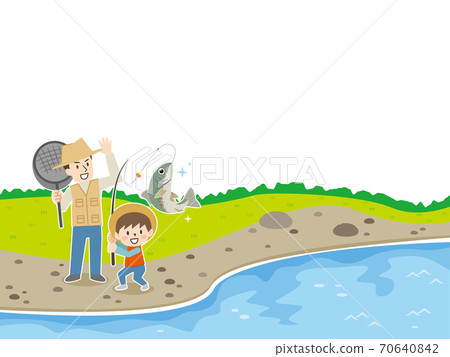 Parents and children fishing in the river 70640842
