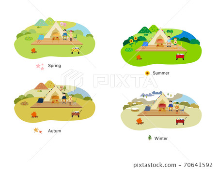 套人做豪華露營的風景（四個季節，春季，夏季，秋季和冬季） 70641592