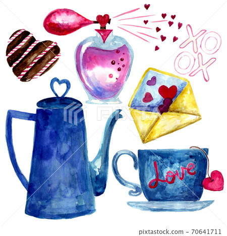 Set of watercolor valentines day decorations. Stickers and icons. Set of watercolor valentines day decorations. Stickers and icons. 70641711