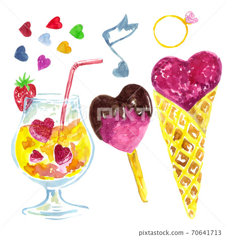 Valentines day set of illustrations. Watercolor handdrawn. Icecream, cocktail, ring, colorful hearts. Stickers, design for greeting cards, invitations. Valentines day set of illustrations. Watercolor handdrawn. Icecream, cocktail, ring, colorful hearts. Stickers, design for greeting cards, invitations. 70641713
