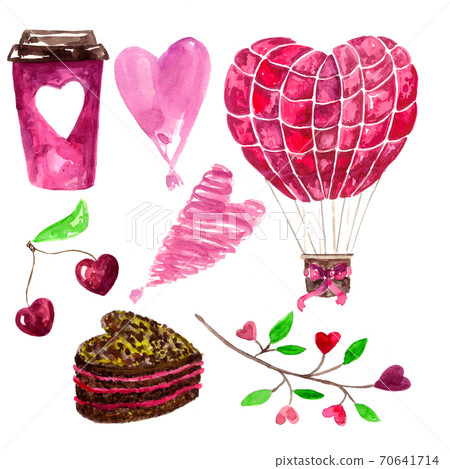 Set of valentines day decorations. watercolor art. Set of valentines day decorations. watercolor art. 70641714