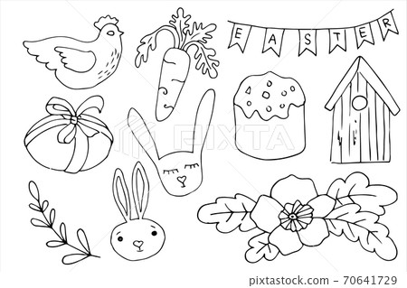Easter traditional symbols collection. Vector drawings set isolated on white background. Easter traditional symbols collection. Vector drawings set isolated on white background. 70641729