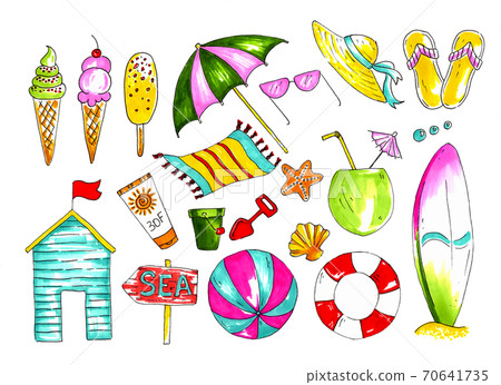 Set of summer beach icons, stickers design, marker drawn illustration Set of summer beach icons, stickers design, marker drawn illustration 70641735