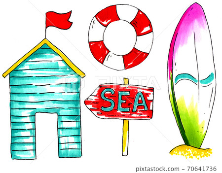 summer beach icons, stickers design, marker drawn illustration summer beach icons, stickers design, marker drawn illustration 70641736