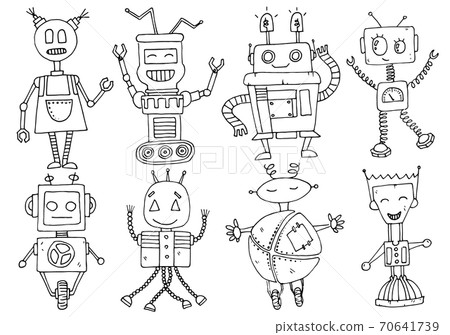 cartoon funny retro robots in vintage style. set of Vector illustration. cartoon funny retro robots in vintage style. set of Vector illustration. 70641739