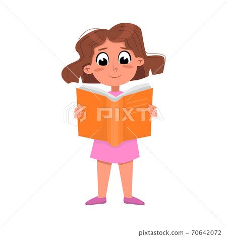 Lovely Girl Reading Book while Standing, Preschooler Kid or Elementary School Student Enjoying Literature Cartoon Style Vector Illustration 70642072