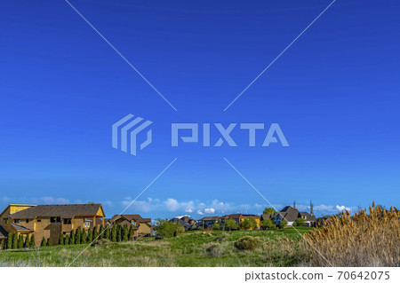 Houses on a vast grassy terrain with rich blue sky background on a sunny day Houses on a vast grassy terrain with rich blue sky background on a sunny day 70642075