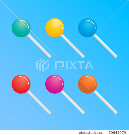 Colorful set of glossy lollipop candy vector illustrtion.  Stock element design template. Green, yellow, blue, red, violet and orange option color. 70643079