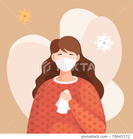 Covid-19 portrait of woman in respiratory medical mask flying virus pathogen around. Spreading virus 70645172