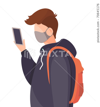 Illustration of man wearing face medical mask standing at white background, viral pandemic 70645176