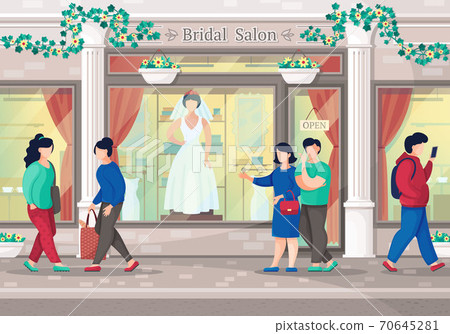 Wedding dress salon. Couple go to shopping in wedding dress boutique. City bridal salon 70645281