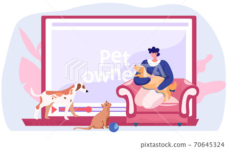 Video blog for pet owners, woman near computer screen with tutorial about keeping animals at home 70645324