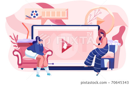 Female characters looking video blog, sitting on chairs, opened laptop with video player button Female characters looking video blog, sitting on chairs, opened laptop with video player button 70645343
