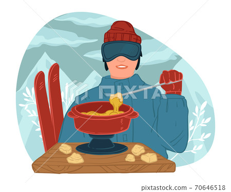 Skier eating hot creamy soup in resort outdoors Skier eating hot creamy soup in resort outdoors 70646518