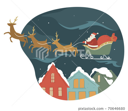 Santa Claus on sled with reindeers giving presents for xmas 70646680