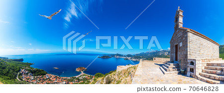 Saint Sava Church and Sveti Stefan panorama, Montenegro 70646828