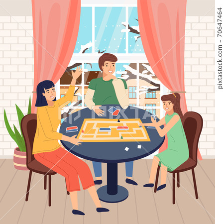 Mother, father and daughter play together, indoors home activity, cold snowy winter outside window Mother, father and daughter play together, indoors home activity, cold snowy winter outside window 70647464
