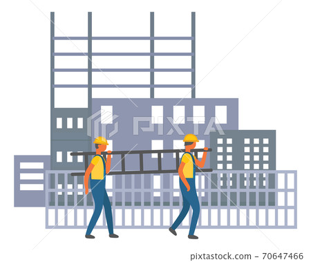 Construction site, two builders walking, carrying ladder near fence, workers in protection helmets Construction site, two builders walking, carrying ladder near fence, workers in protection helmets 70647466